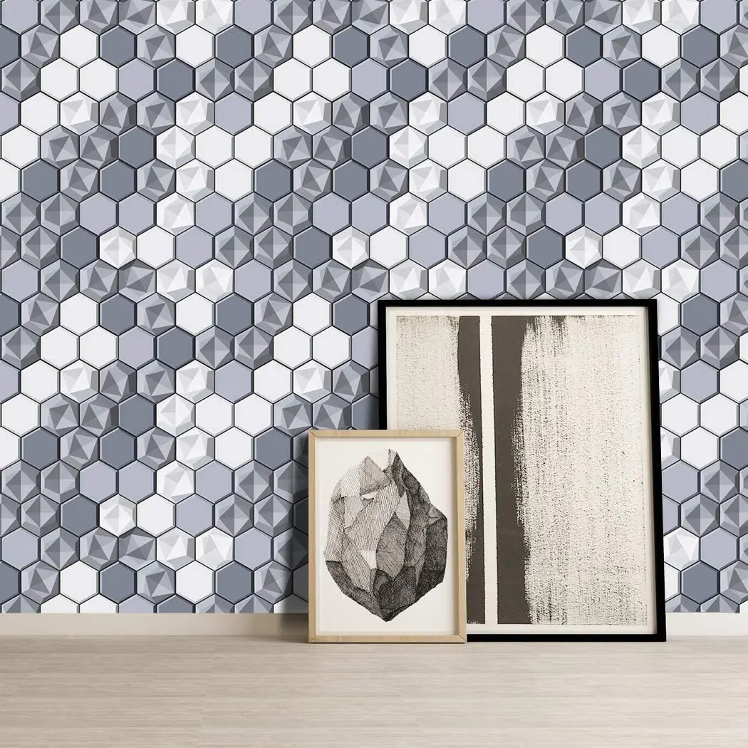Self-Adhesive Wallpaper Peel & Stick Wallpaper Gray & White Hexagon Splicing Vinyl Wallpaper Waterproof Hexagon Wallpaper Roll