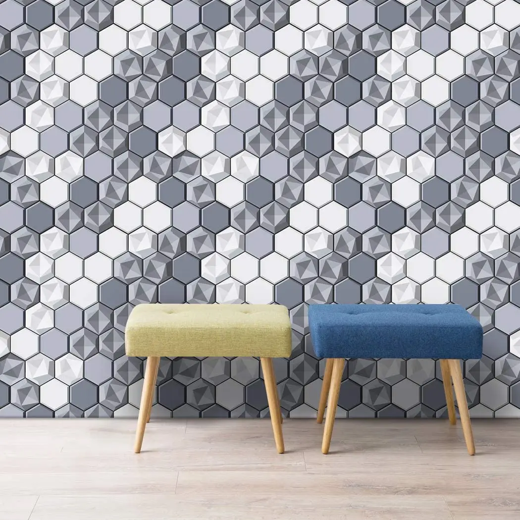 Self-Adhesive Wallpaper Peel & Stick Wallpaper Gray & White Hexagon Splicing Vinyl Wallpaper Waterproof Hexagon Wallpaper Roll