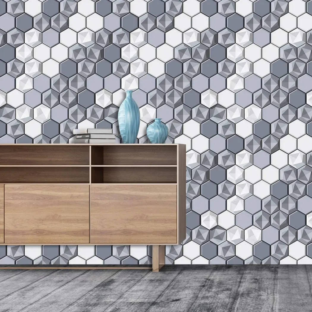 Self-Adhesive Wallpaper Peel & Stick Wallpaper Gray & White Hexagon Splicing Vinyl Wallpaper Waterproof Hexagon Wallpaper Roll