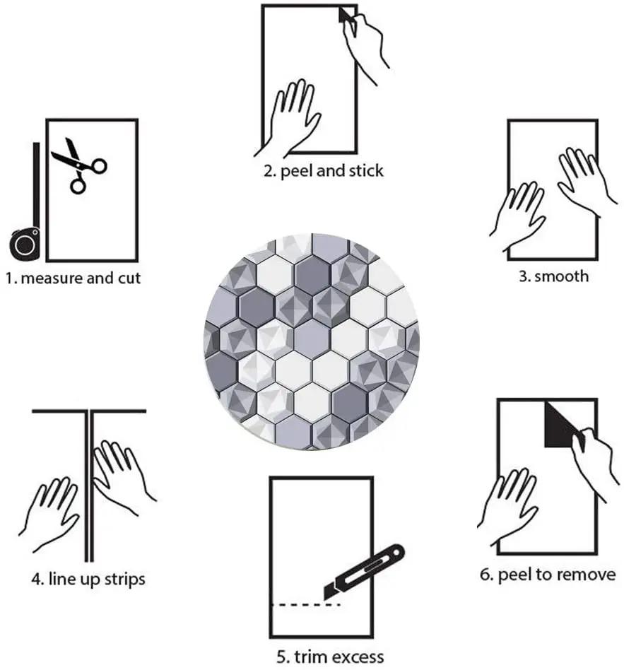 Self-Adhesive Wallpaper Peel & Stick Wallpaper Gray & White Hexagon Splicing Vinyl Wallpaper Waterproof Hexagon Wallpaper Roll