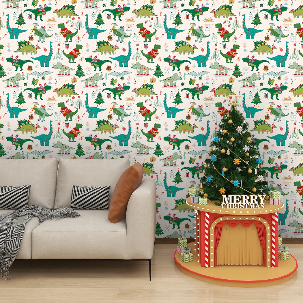 Cartoon Christmas Peel and Stick Wallpaper Cute Dinosaur Self Adhesive Wallpaper Removable Animal Wall Stickers for Kids Room