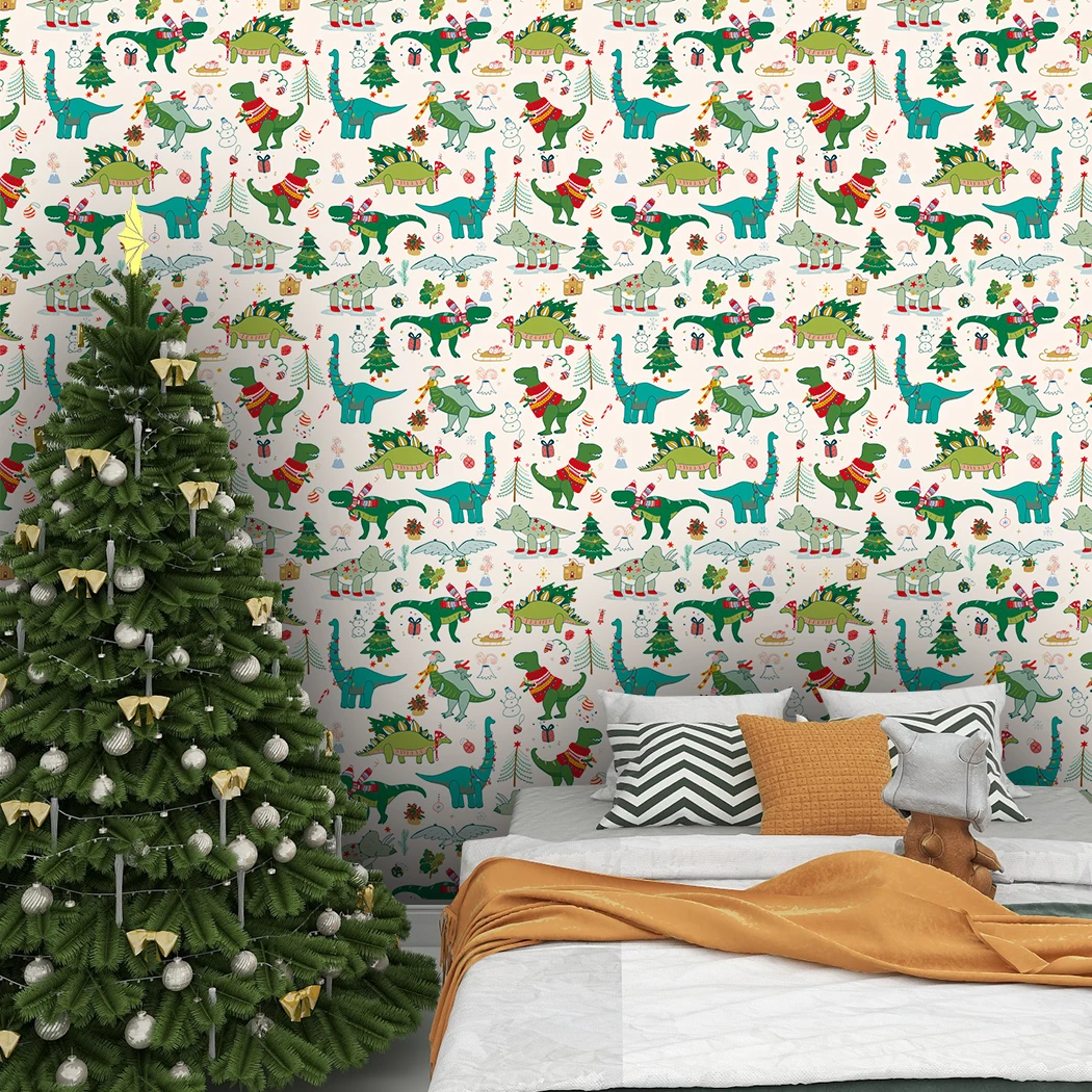 Cartoon Christmas Peel and Stick Wallpaper Cute Dinosaur Self Adhesive Wallpaper Removable Animal Wall Stickers for Kids Room