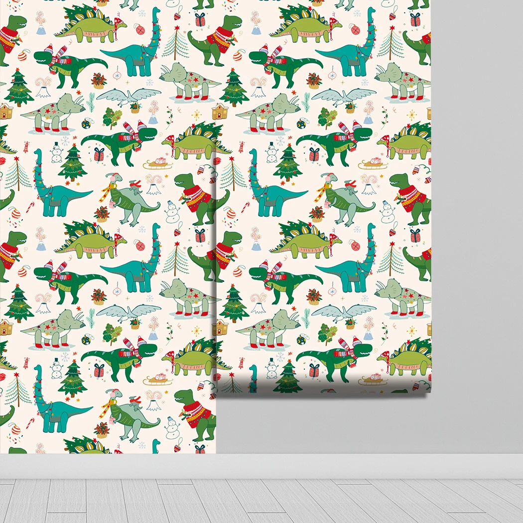 Cartoon Christmas Peel and Stick Wallpaper Cute Dinosaur Self Adhesive Wallpaper Removable Animal Wall Stickers for Kids Room