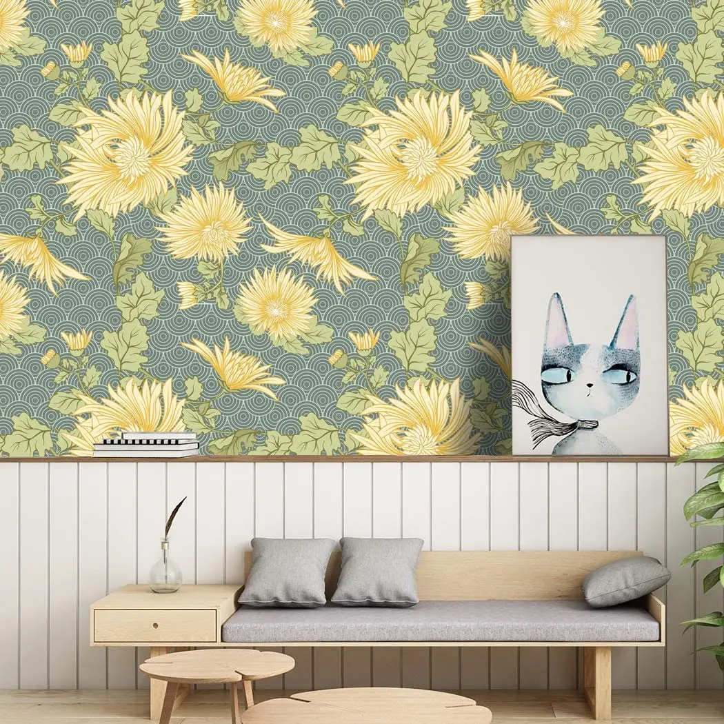 HaoHome Peel and Stick Handpainting Elegant Yellow Daisy Waves Self-Adhesive Prepasted Wallpaper Wall Mural Furniture Stickers