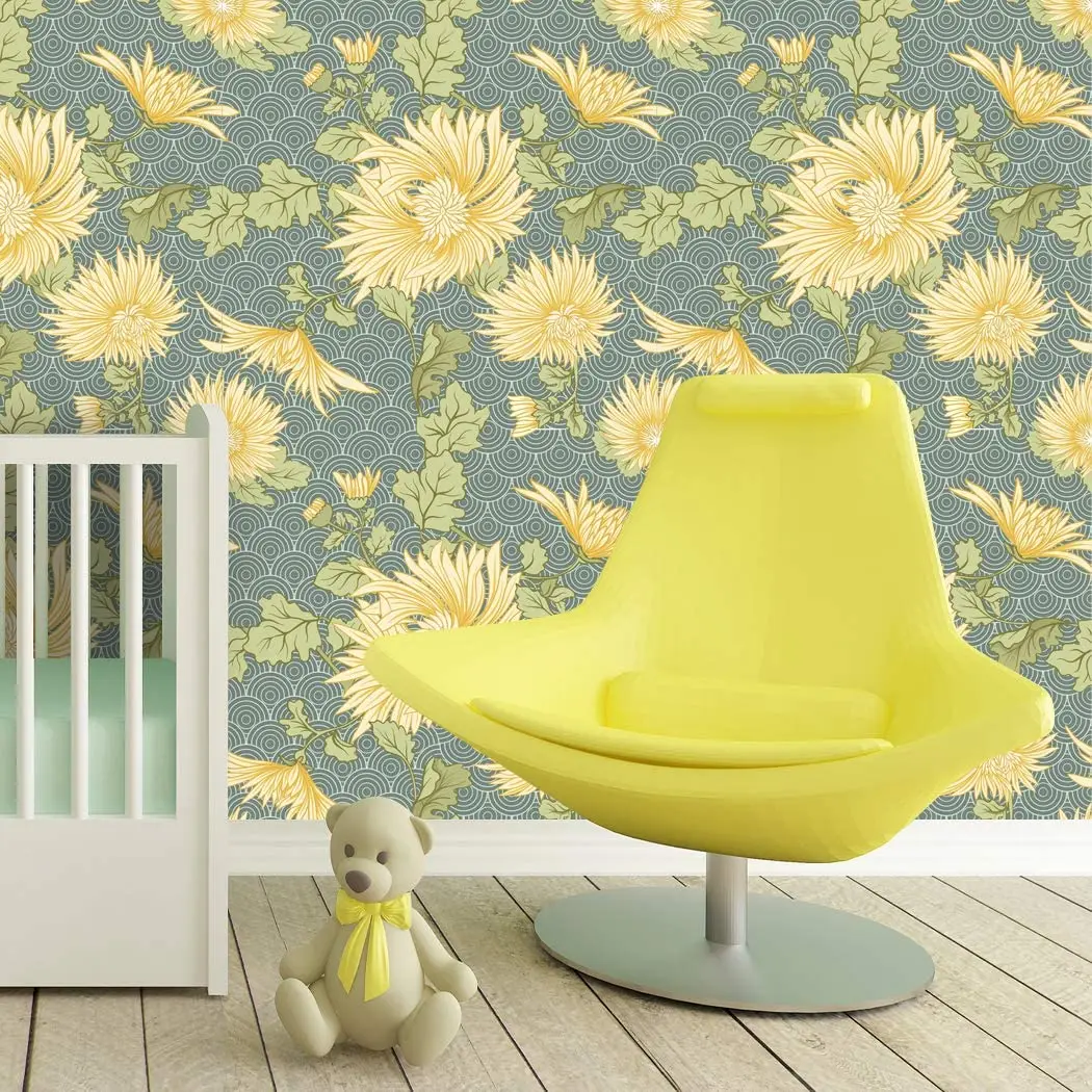HaoHome Peel and Stick Handpainting Elegant Yellow Daisy Waves Self-Adhesive Prepasted Wallpaper Wall Mural Furniture Stickers