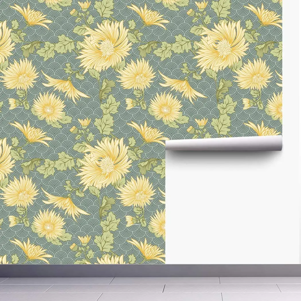 HaoHome Peel and Stick Handpainting Elegant Yellow Daisy Waves Self-Adhesive Prepasted Wallpaper Wall Mural Furniture Stickers