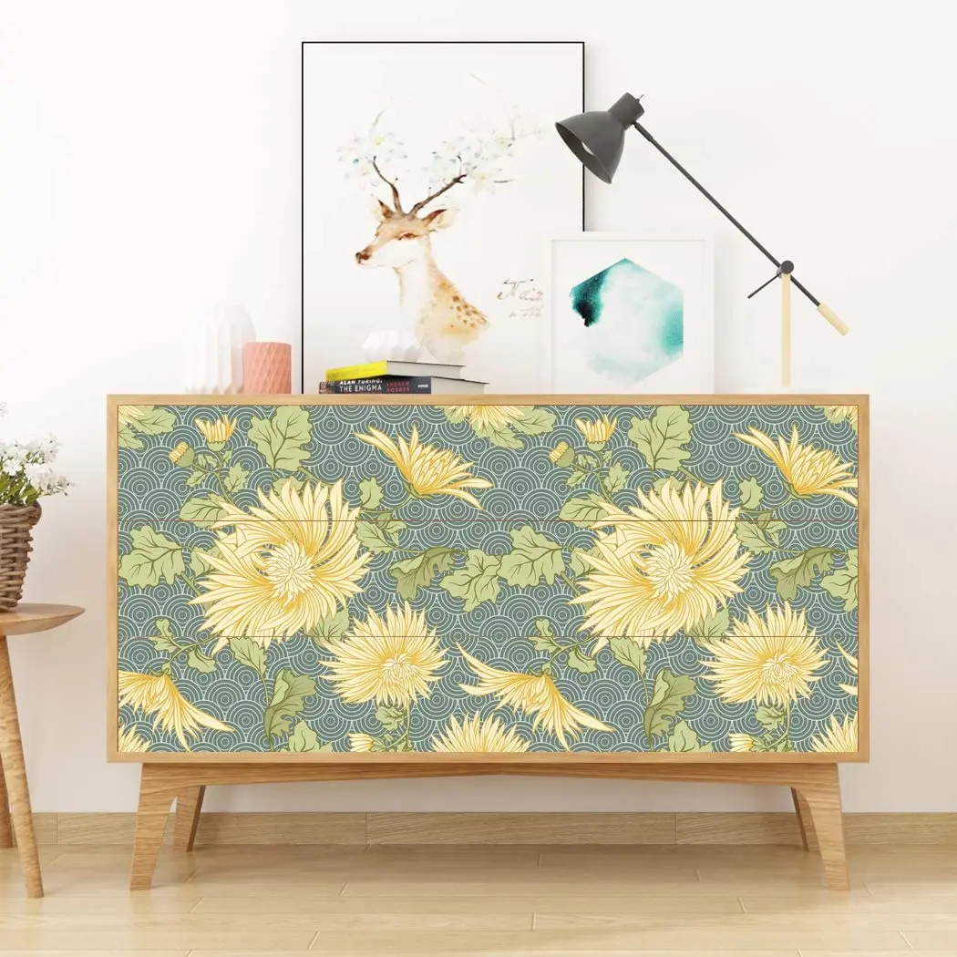 HaoHome Peel and Stick Handpainting Elegant Yellow Daisy Waves Self-Adhesive Prepasted Wallpaper Wall Mural Furniture Stickers