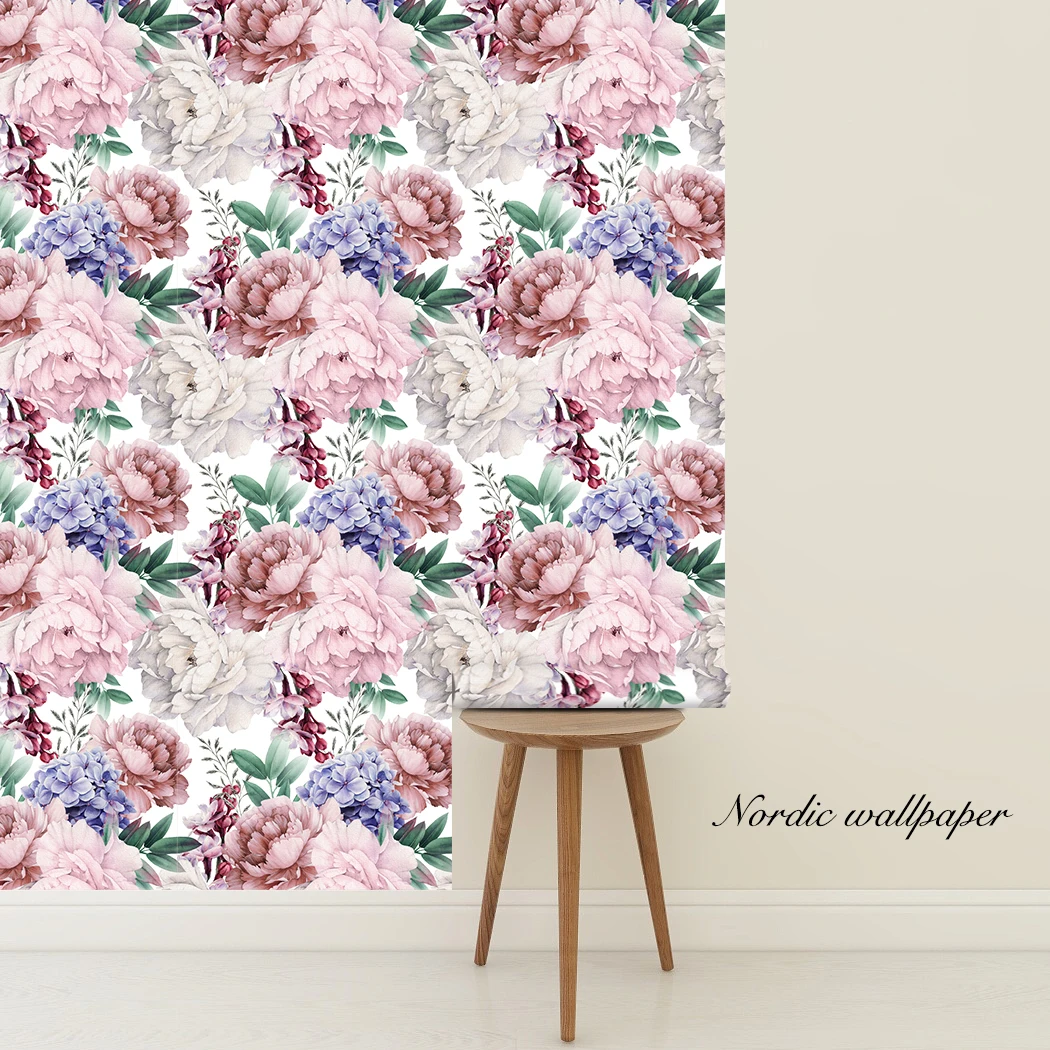 Watercolor Pink Floral Self Adhesive Wallpaper Vintage Peel and Stick Peony Floral Removable Wallpaper for Bedroom Wall Decor