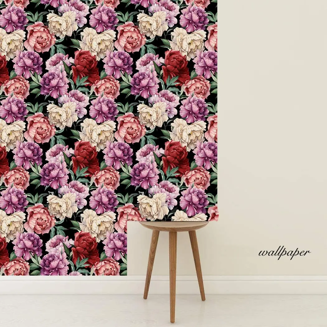 HaoHome Peel and Stick Removable Watercolor Muticolor Peony Self-Adhesive Prepasted Wallpaper Extra Thick Waterproof Wall Mural