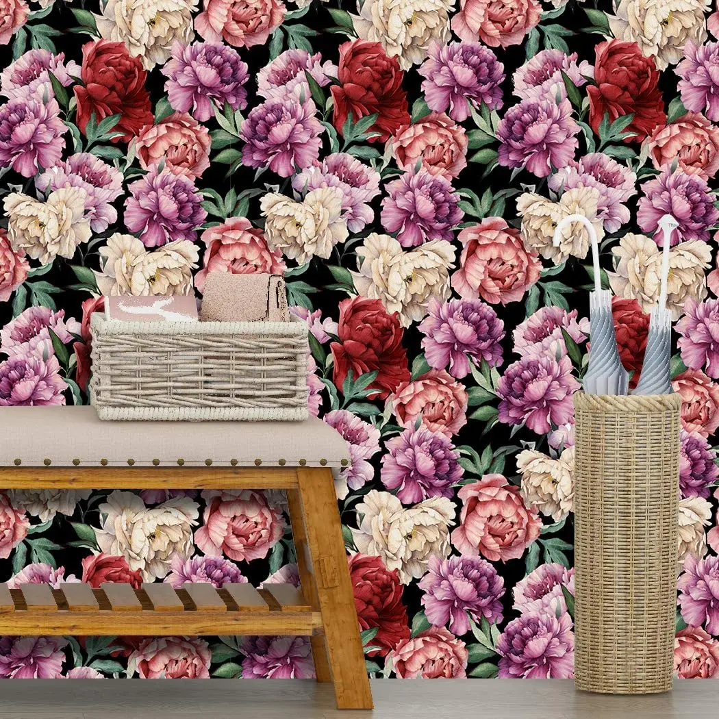 HaoHome Peel and Stick Removable Watercolor Muticolor Peony Self-Adhesive Prepasted Wallpaper Extra Thick Waterproof Wall Mural