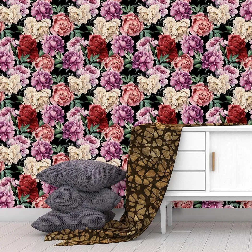 HaoHome Peel and Stick Removable Watercolor Muticolor Peony Self-Adhesive Prepasted Wallpaper Extra Thick Waterproof Wall Mural