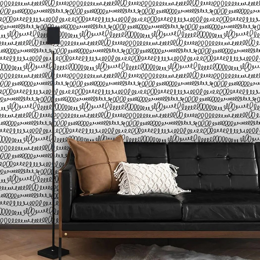 Abstract Geometric Line Peel and Stick Wallpaper Modern Black Curve Self Adhesive Wallpaper Waterproof Removable Contact Paper