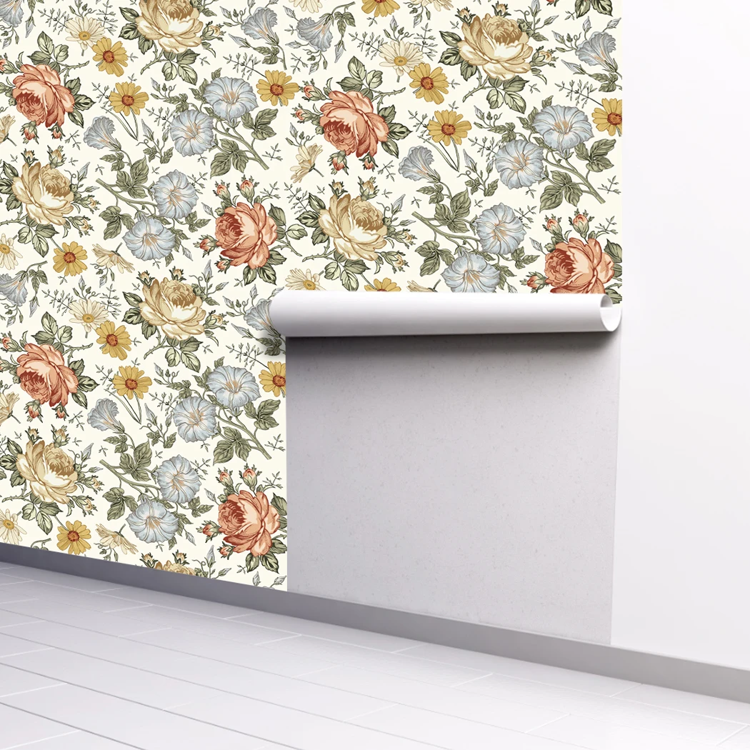 Multicolor Peony Daisy Peel and Stick Wallpaper Beige Flower Self Adhesive Wallpaper Removaber Waterproof Wall Mural Wall Decor