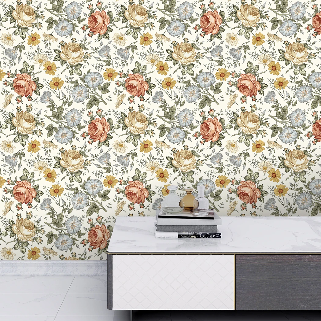 Multicolor Peony Daisy Peel and Stick Wallpaper Beige Flower Self Adhesive Wallpaper Removaber Waterproof Wall Mural Wall Decor