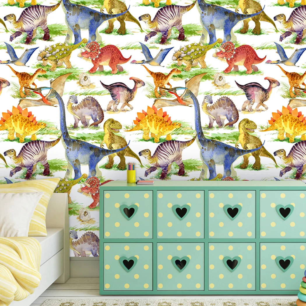 Multicolor Animal Wallpaper Watercolour Dinosaur Peel and Stick Wallpaper Removable Self Adhesive Cartoon Wallpaper for Kids