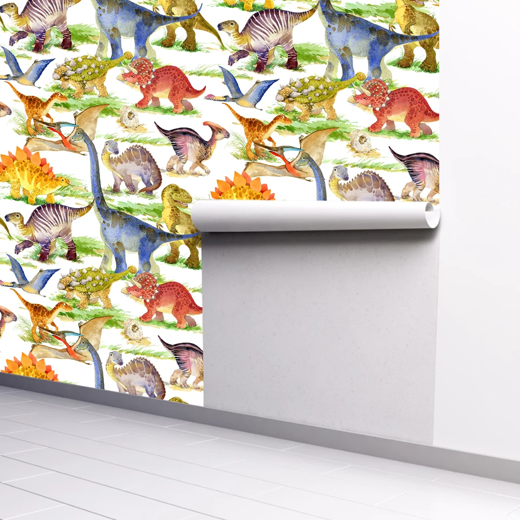 Multicolor Animal Wallpaper Watercolour Dinosaur Peel and Stick Wallpaper Removable Self Adhesive Cartoon Wallpaper for Kids