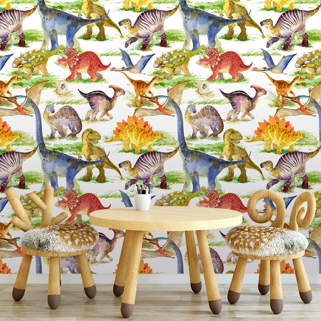 Multicolor Animal Wallpaper Watercolour Dinosaur Peel and Stick Wallpaper Removable Self Adhesive Cartoon Wallpaper for Kids