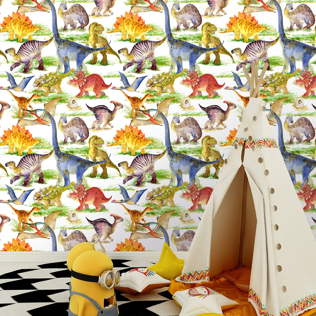Multicolor Animal Wallpaper Watercolour Dinosaur Peel and Stick Wallpaper Removable Self Adhesive Cartoon Wallpaper for Kids