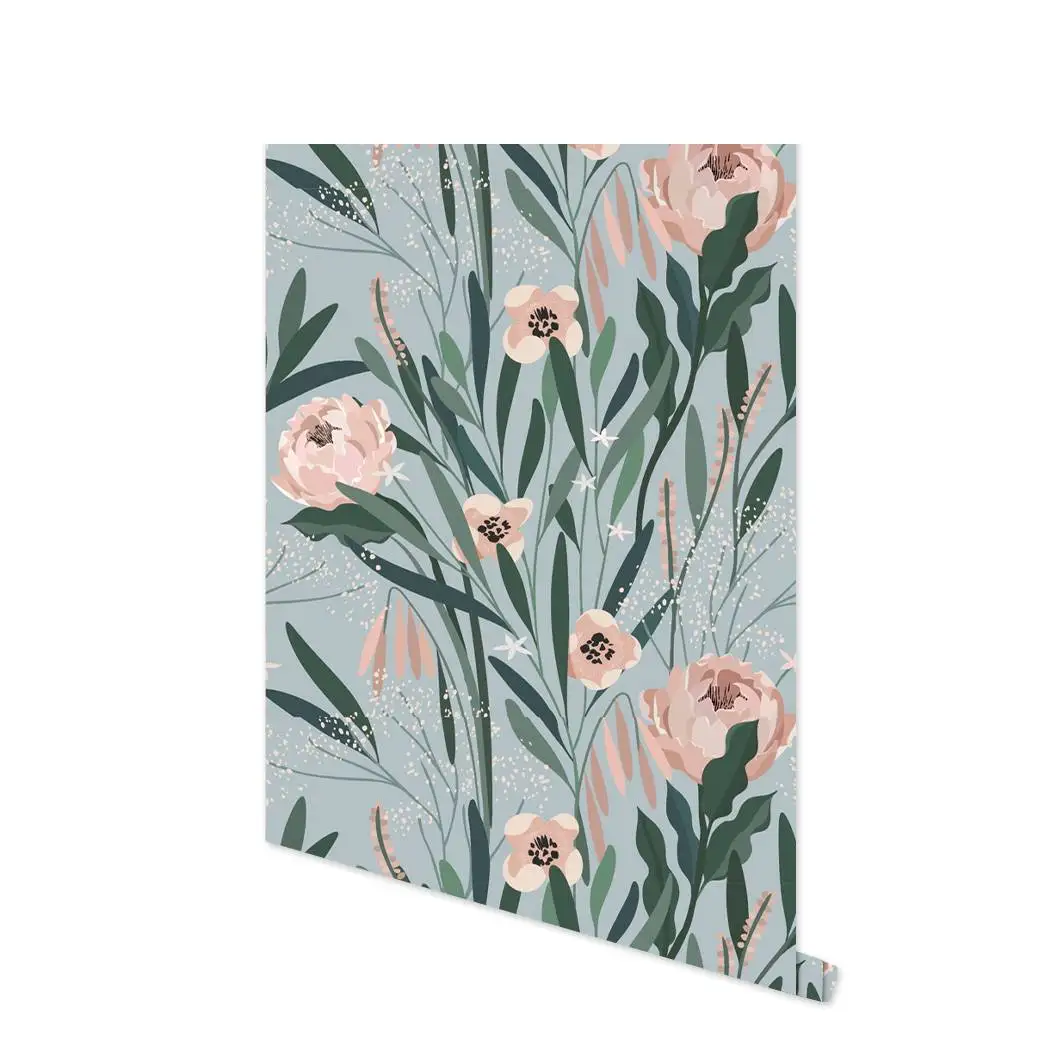 Pink Flower Self Adhesive Wallpaper Green Leaf Watercolor Peel and Stick Wallpaper Waterproof Removable Contact Paper