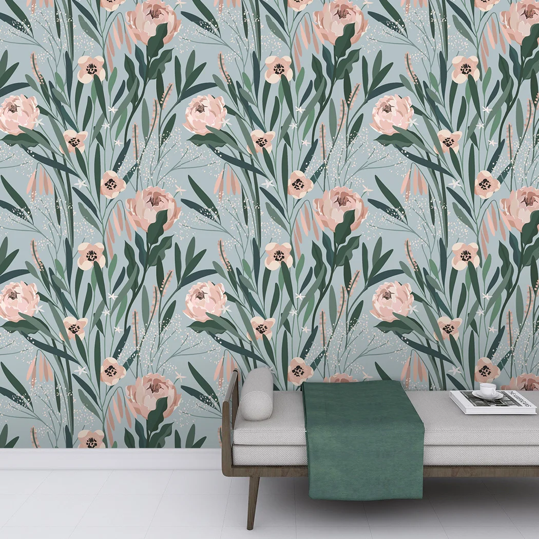 Pink Flower Self Adhesive Wallpaper Green Leaf Watercolor Peel and Stick Wallpaper Waterproof Removable Contact Paper