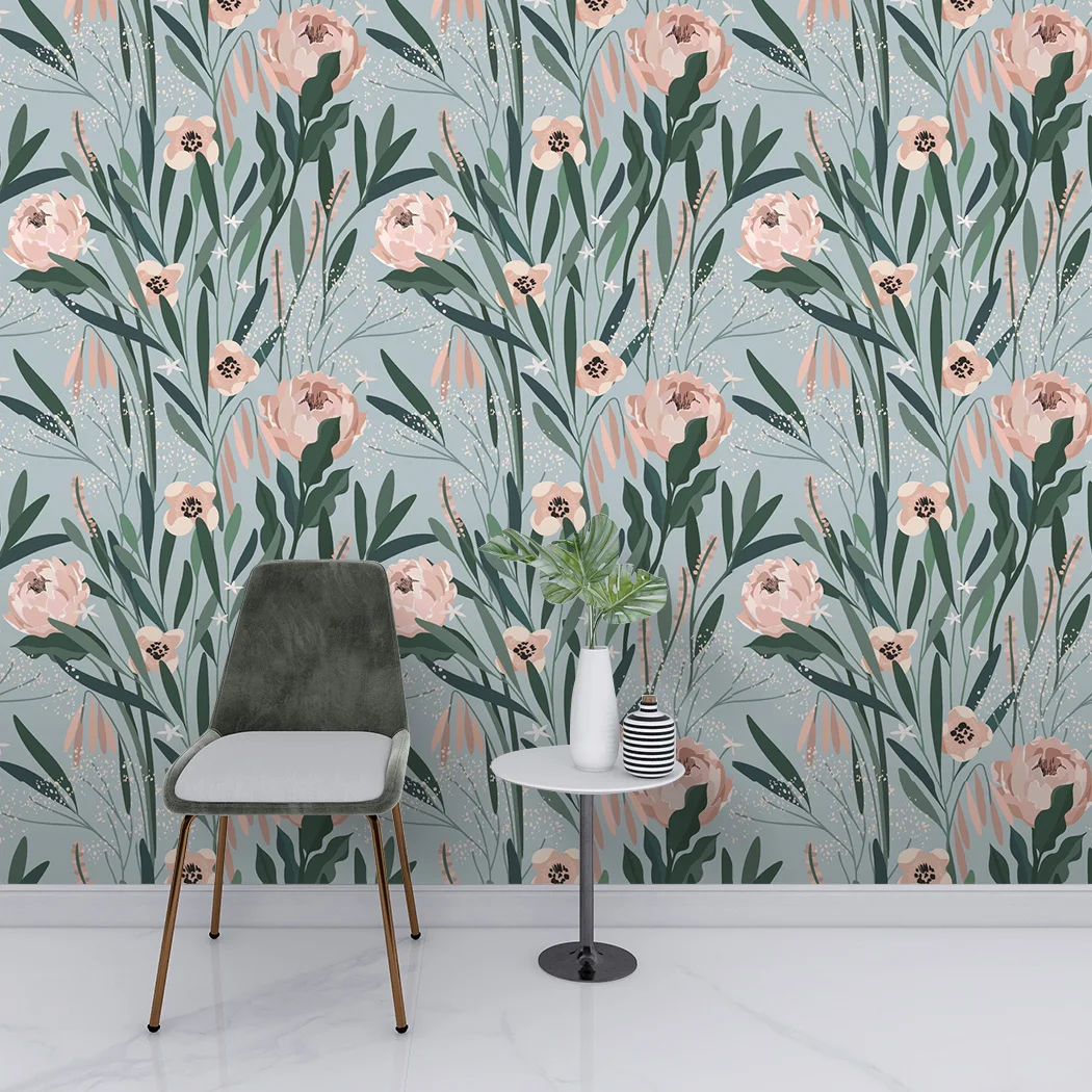 Pink Flower Self Adhesive Wallpaper Green Leaf Watercolor Peel and Stick Wallpaper Waterproof Removable Contact Paper