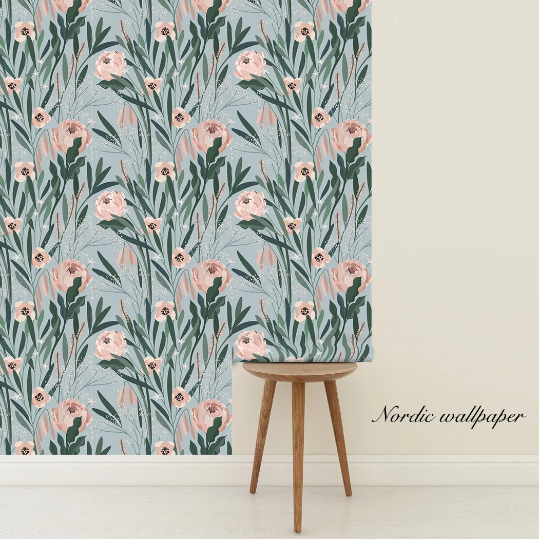 Pink Flower Self Adhesive Wallpaper Green Leaf Watercolor Peel and Stick Wallpaper Waterproof Removable Contact Paper