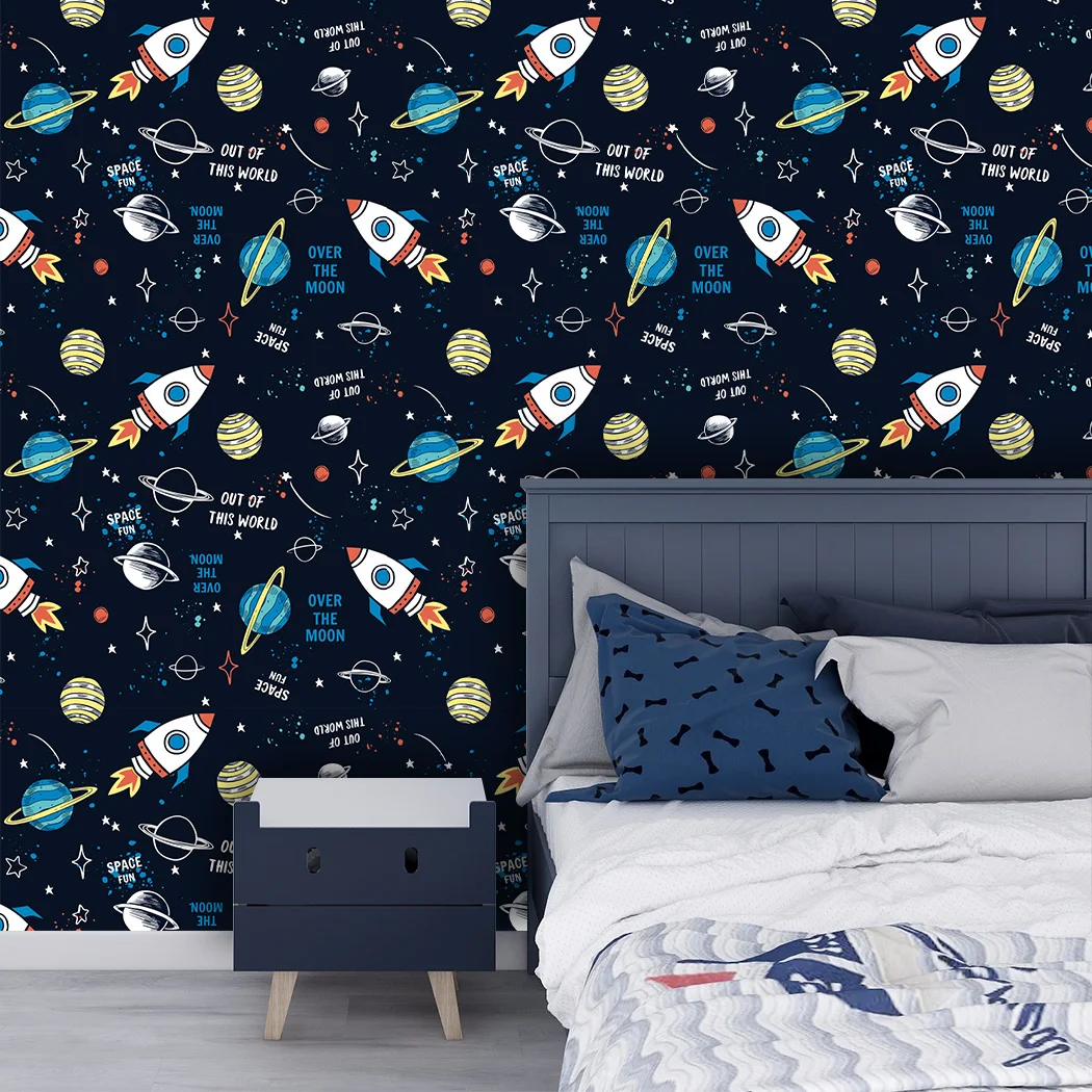 Space Self Adhesive Wallpaper Planet Wall Sticker Rocket Spacecraft Peel and Stick Wall Paper for Kid Nursery Bedroom Home Decor
