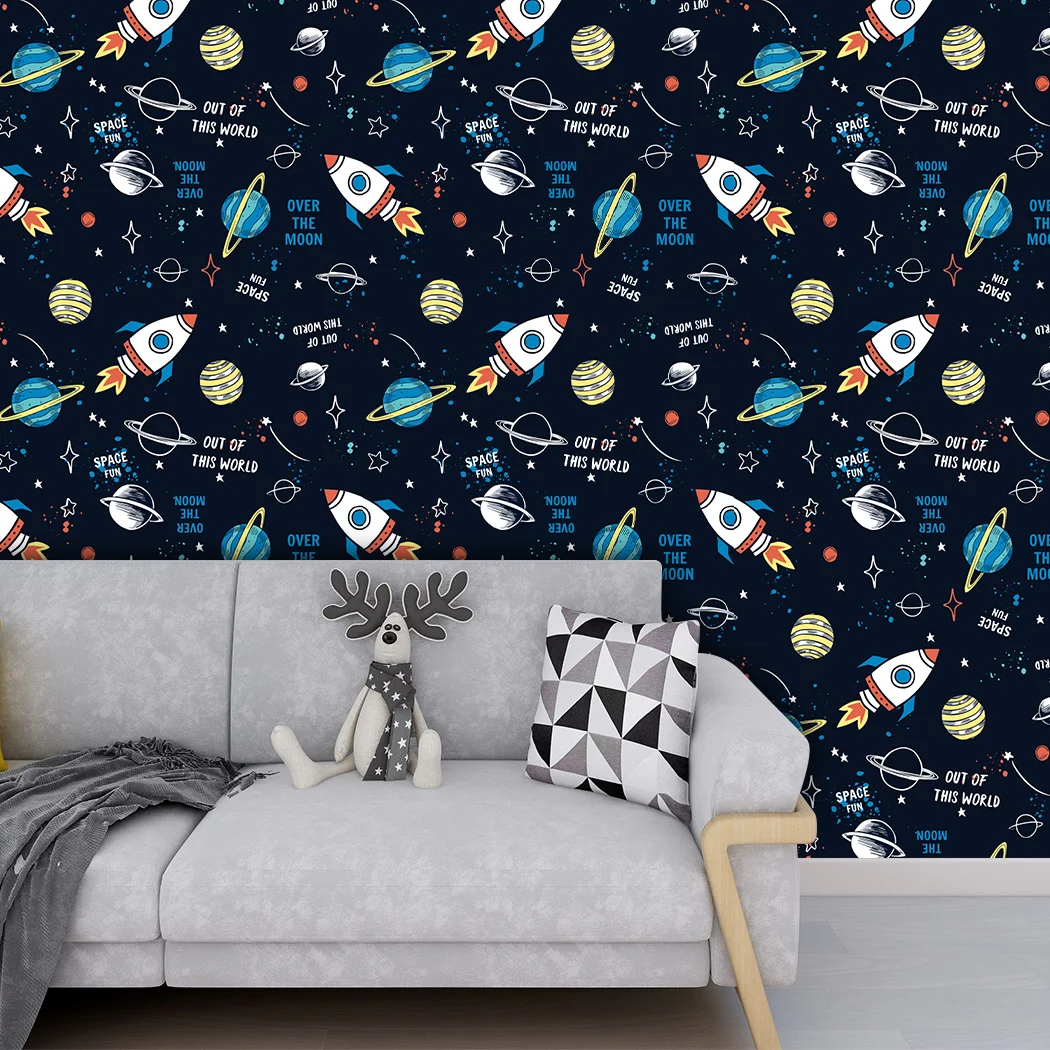 Space Self Adhesive Wallpaper Planet Wall Sticker Rocket Spacecraft Peel and Stick Wall Paper for Kid Nursery Bedroom Home Decor