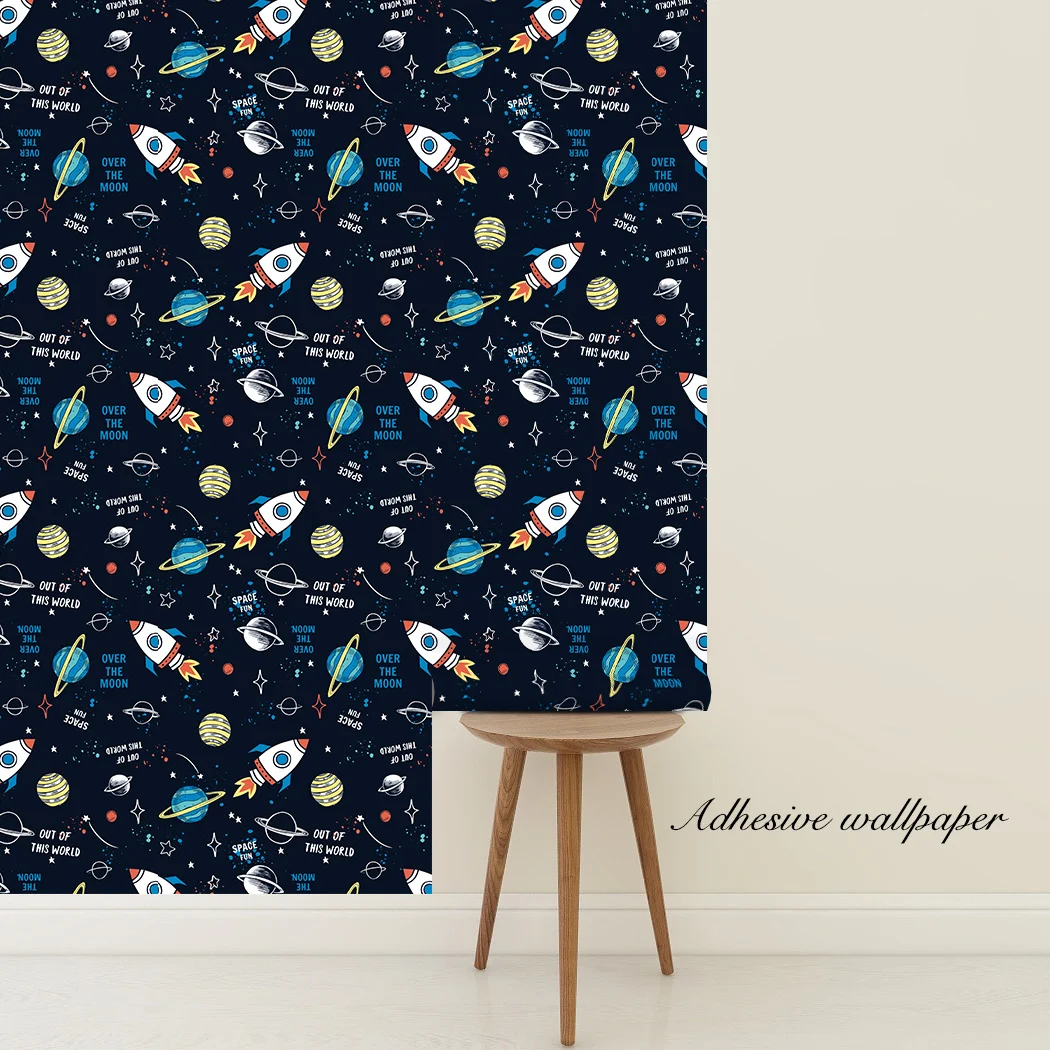 Space Self Adhesive Wallpaper Planet Wall Sticker Rocket Spacecraft Peel and Stick Wall Paper for Kid Nursery Bedroom Home Decor