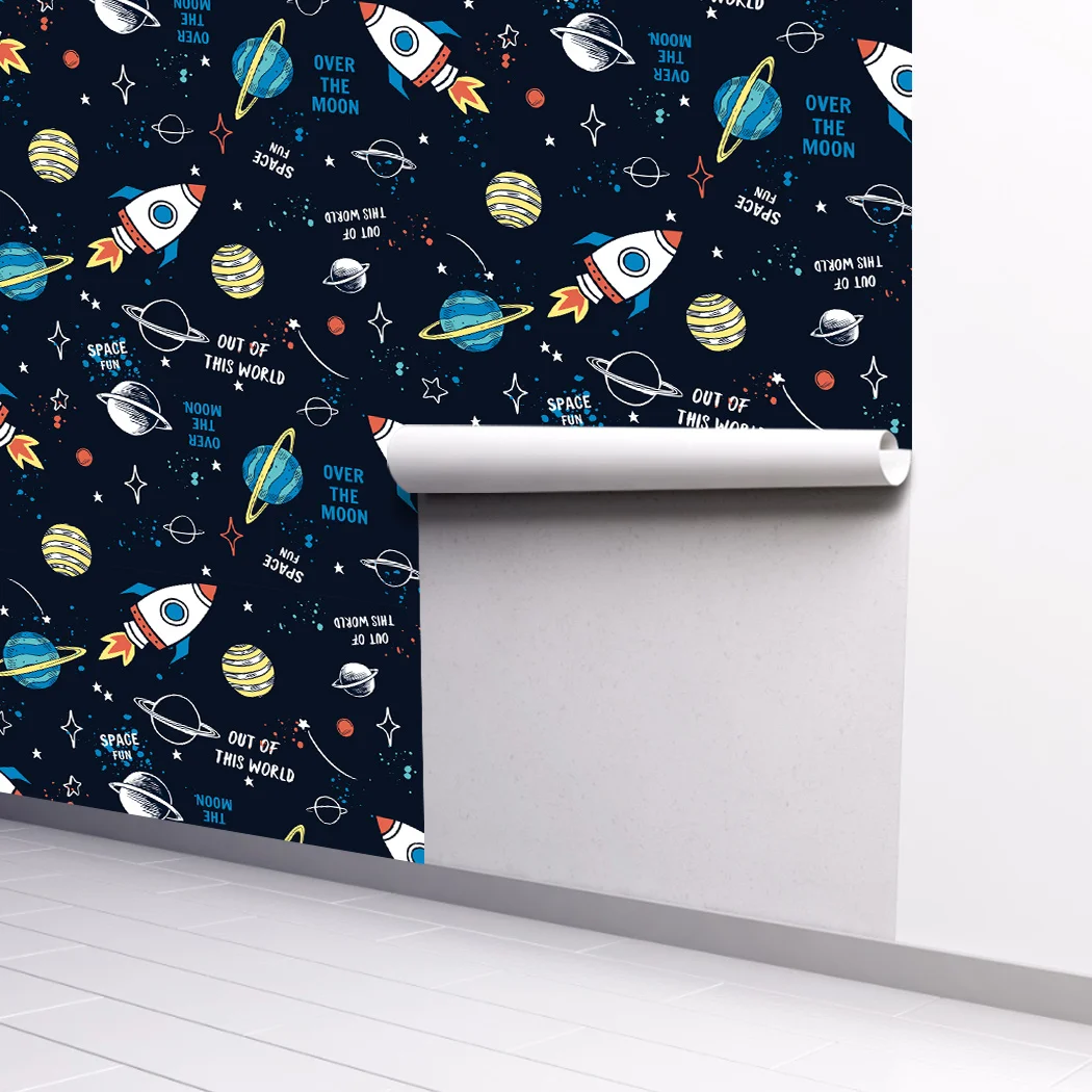 Space Self Adhesive Wallpaper Planet Wall Sticker Rocket Spacecraft Peel and Stick Wall Paper for Kid Nursery Bedroom Home Decor