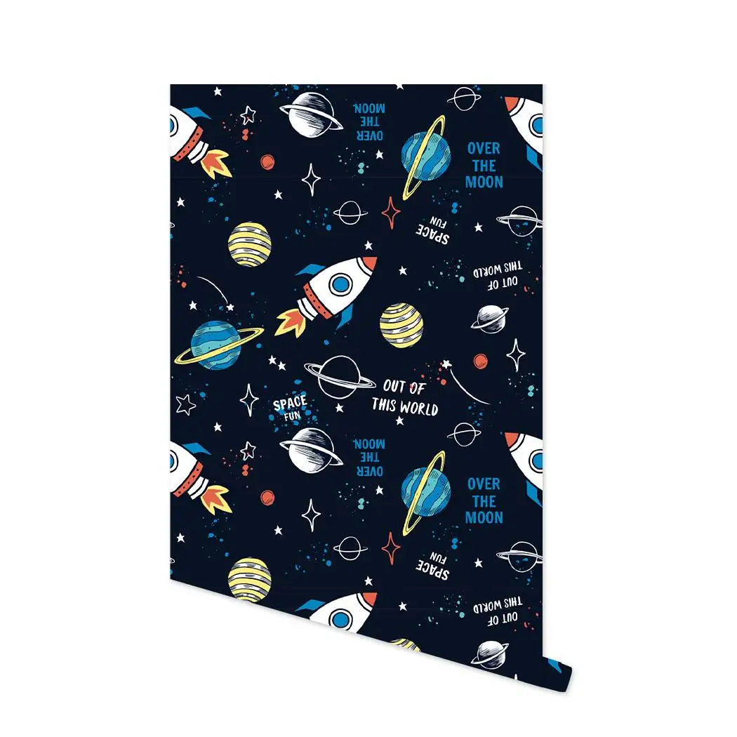 Space Self Adhesive Wallpaper Planet Wall Sticker Rocket Spacecraft Peel and Stick Wall Paper for Kid Nursery Bedroom Home Decor