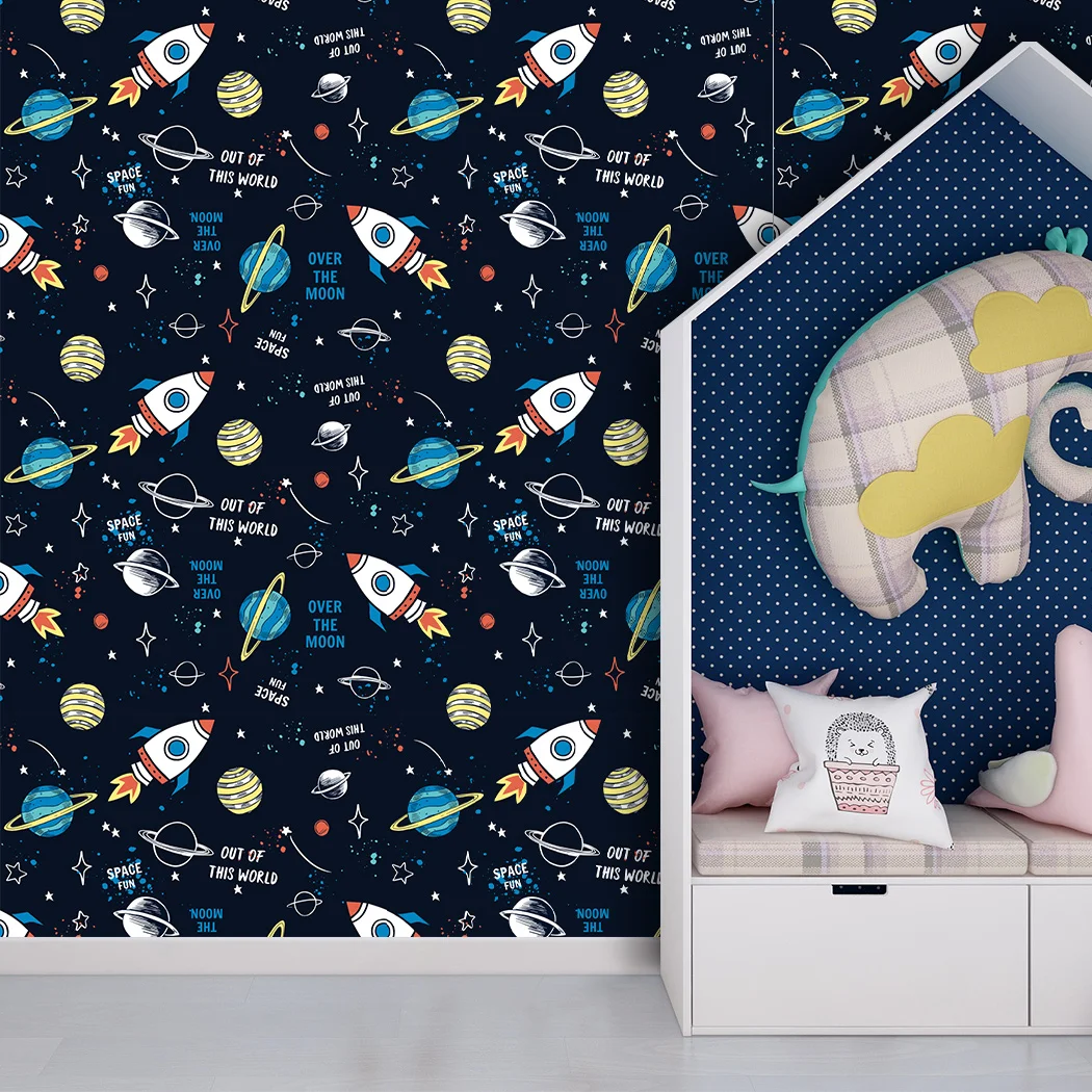 Space Self Adhesive Wallpaper Planet Wall Sticker Rocket Spacecraft Peel and Stick Wall Paper for Kid Nursery Bedroom Home Decor
